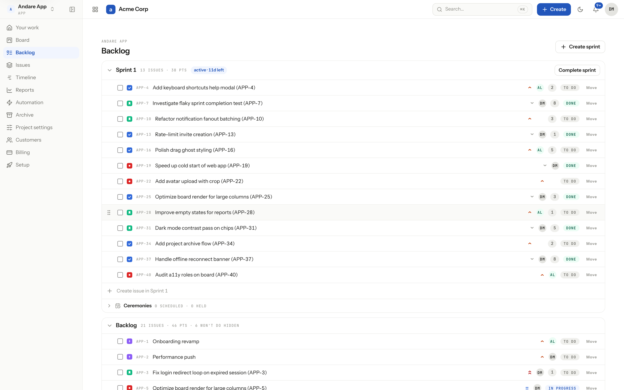 Backlog and sprints in the running application