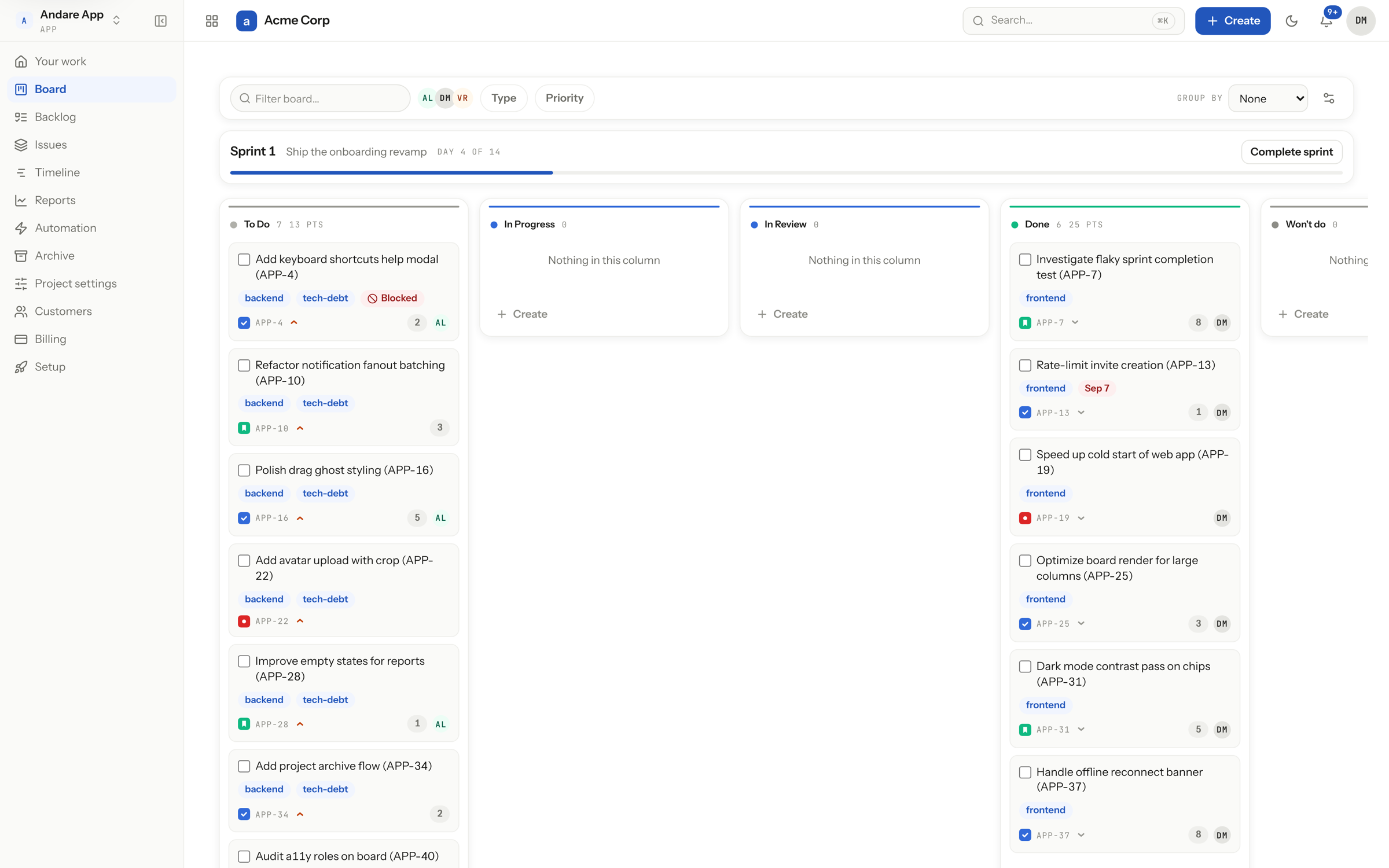 Sprint board in the running application