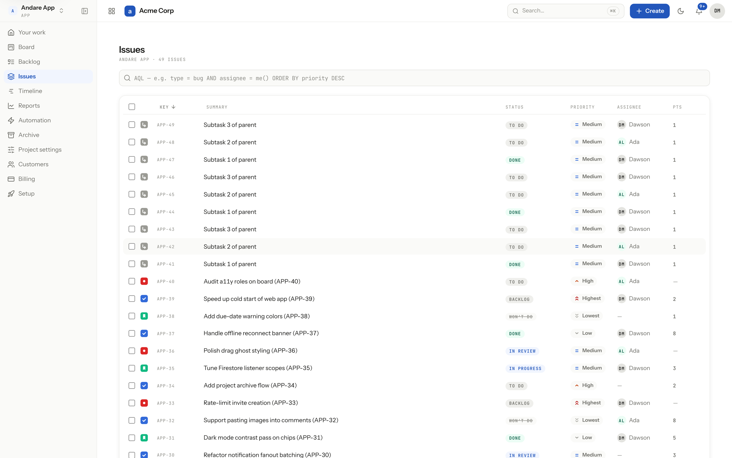 Issue search in the running application